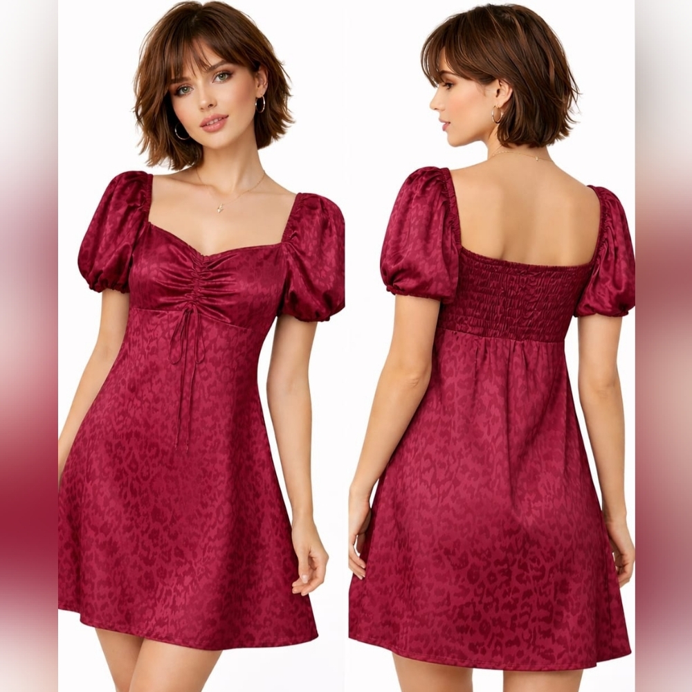 Nwt Vintage Cato Beet Red Leopard Embossed Dress Ruched Back Tie Bow Front
